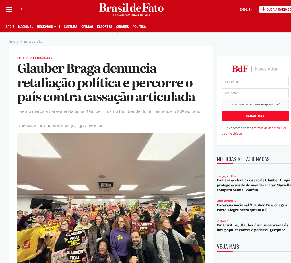 Glauber Braga denuncia retaliação política e percorre o país contra cassação articulada